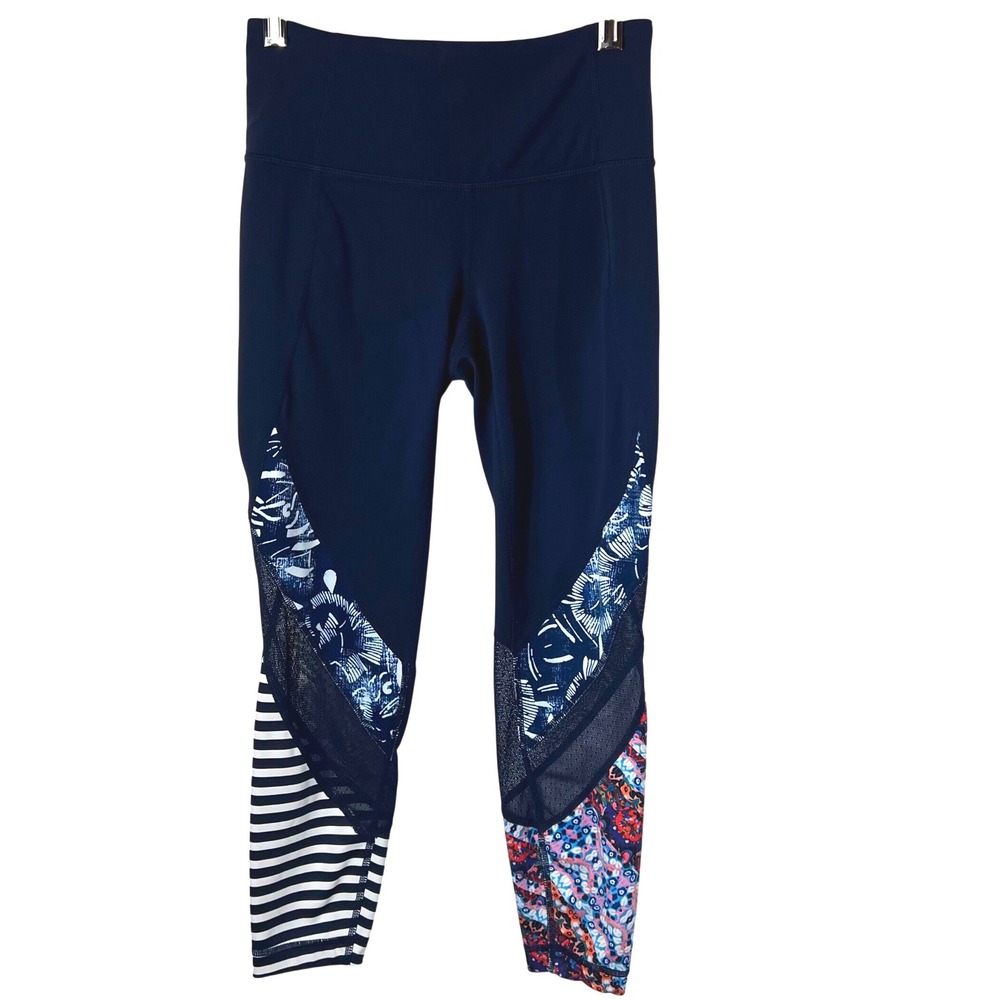 Athleta Mixed Print Mesh Inset Leggings Navy Blue Floral Stripe XSP Petite‎